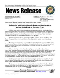 CALIFORNIA DEPARTMENT OF PARKS AND RECREATION  News Release FOR IMMEDIATE RELEASE April 25, 2012