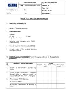 Quality System Format  DOC No. : RIICO/MR/F[removed]Title: Customer Feedback Form