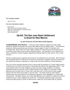 For immediate release: March 30, 2007 For more information, contact: Karin Stangl Planning and Communication Director Office of the State Engineer/Interstate Stream