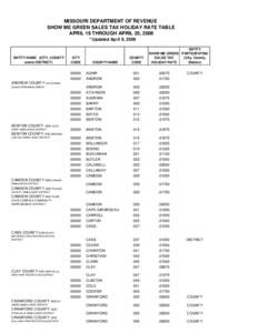 Show Me Green Sales Tax Holiday Rate Table - April 19 Through April 25, 2009