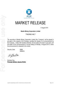 For personal use only    MARKET RELEASE 5 August 2010