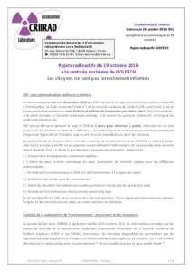 COMMUNIQUE CRIIRAD Valence, le 26 octobre9h) Commission de Recherche et d’Information Indépendantes sur la Radioactivité 29 cours Manuel de FallaValence / France