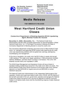 Media Release - West Hartford Credit Union Closes