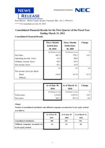 Press Release - Media Contact: Kosuke Yamauchi TEL: +[removed] ***** For immediate use July 28, 2010 Consolidated Financial Results for the First Quarter of the Fiscal Year Ending March 31, 2011 Consolidated Financi