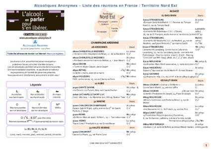 Alcooliques Anonymes – Liste des réunions en France / Territoire Nord Est ALSACE Territoire Champagne Ardenne