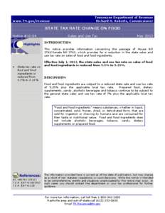 Tennessee Department of Revenue Richard H. Roberts, Commissioner www.TN.gov/revenue  STATE TAX RATE CHANGE ON FOOD