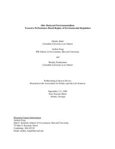 AB  After Backyard Environmentalism: Toward a Performance-Based Regime of Environmental Regulation  Charles Sabel