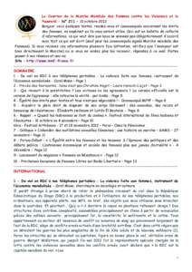 Le Courrier de la Marche Mondiale des Femmes contre les Violences et la Pauvreté - N° 211 – 31 octobre 2012 Bonjour, voici quelques textes, rendez-vous et communiqués concernant les droits des femmes, en espérant q