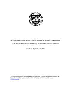 Recent Experience and Prospects of the Economy of the West Bank and Gaza: Staff Report Prepared for the Meeting of the Ad Hoc Liaison Committee; September 23, 2012