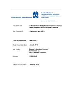 Document Title  Determination of Glyphosate residues in human urine samples from 18 European countries  Test Compound