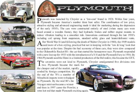 P  lymouth was launched by Chrysler as a ‘low-cost’ brand inWithin four years, Plymouth became America’s number three best seller. The combination of low price, attractive styling and advanced engineering ma