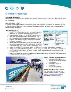 SPRINTER Fact Sheet What is the SPRINTER? The SPRINTER is a light rail train that runs east to west from Escondido to Oceanside. A total of 455 trains