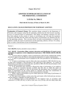 Chapter 284 of NAC  ADOPTED TEMPORARY REGULATION OF THE PERSONNEL COMMISSION LCB File No. T006-11 Filed with the Secretary of State on March 25, 2011