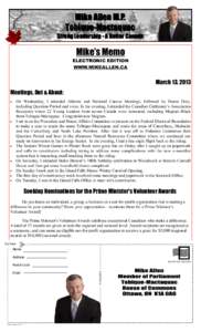 Mike Allen M.P. Tobique-Mactaquac Strong Leadership - A Better Canada Mike’s Memo ELECTRONIC EDITION