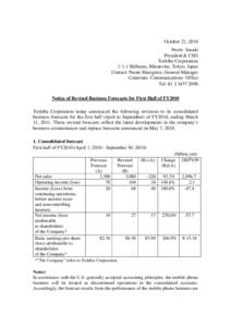 October 21, 2010 Norio Sasaki President & CEO Toshiba CorporationShibaura, Minato-ku, Tokyo, Japan Contact: Naoto Hasegawa, General Manager
