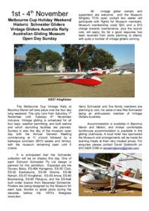 1st - 4th November Melbourne Cup Holiday Weekend Historic Schneider Gliders Vintage Gliders Australia Rally Australian Gliding Museum Open Day Sunday