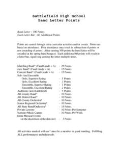 Battlefield High School Band Letter Points Band Letter – 100 Points Each Letter Bar – 60 Additional Points  Points are earned through extra curricular activities and/or events. Points are