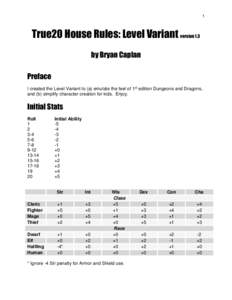 1  True20 House Rules: Level Variant version 1.3 by Bryan Caplan Preface I created the Level Variant to (a) emulate the feel of 1st edition Dungeons and Dragons,