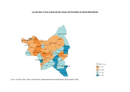La part des 15 ans et plus de bas niveau de formation en Seine-Saint-Denis  Source : RP 2010, INSEE. Carte : M. Pavasovic, Observatoire de la société locale, 2014.Logiciel : QGIS. 