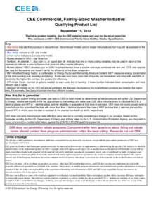 CEE Commercial, Family-Sized Washer Initiative Qualifying Product List November 15, 2012 The list is updated monthly. See the CEE website (www.cee1.org) for the most recent list. This list based on 2011 CEE Commercial, F