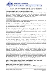 SUMMARY OF MEETING[removed]NOVEMBER 2010 OPENING OF MEETING, ATTENDANCE, APOLOGIES Council met at the Conference Room, L33 120 Collins St Melbourne on[removed]November[removed]All members attended on one or both days. Ms Rhond