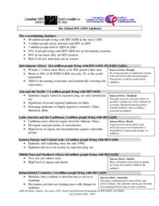 The Global HIV/AIDS Epidemic The overwhelming numbers • 40 million people living with HIV/AIDS at the end of 2003 • 5 million people newly infected with HIV in 2003 • 3 million people died of AIDS in 2003 • 95% o