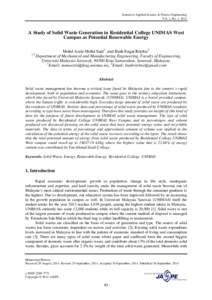 Journal of Applied Science & Process Engineering Vol. 1, No. 1, 2014 A Study of Solid Waste Generation in Residential College UNIMAS West Campus as Potential Renewable Energy