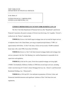 Consent Order Pursuant to New York Banking Law Section 44 - Ocwen Financial Corporation, Ocwen Loan Servicing, LLC - December 22, 2014