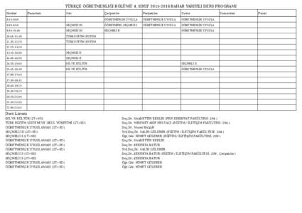 TÜRKÇE ÖĞRETMENLIĞI BÖLÜMÜ 4. SINIFBAHAR YARIYILI DERS PROGRAMI Saatler Pazartesi  Salı