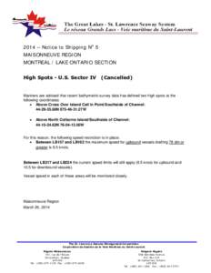 2014 – Notice to Shipping No 5 MAISONNEUVE REGION MONTREAL / LAKE ONTARIO SECTION High Spots - U.S. Sector IV  (Cancelled)