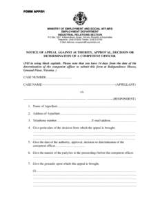 FORM APP/01  MINISTRY OF EMPLOYMENT AND SOCIAL AFFAIRS EMPLOYMENT DEPARTMENT INDUSTRIAL RELATIONS SECTION P.O.Box 1097, Independence House, Victoria, Republic of Seychelles