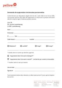 Demande de suppression de données personnelles Conformément aux dispositions légales des lois du 2 août 2002 et du 30 mai 2005, vous pouvez exercer votre droit de suppression en retournant le présent formulaire dûm