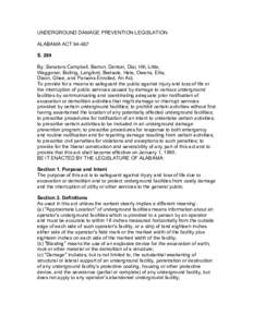 UNDERGROUND DAMAGE PREVENTION LEGISLATION ALABAMA ACT[removed]S. 299 By: Senators Campbell, Barron, Denton, Dial, Hill, Little, Waggoner, Bolling, Langford, Bedsole, Hale, Owens, Ellis, Dixon, Ghee, and Parsons Enrolled, 