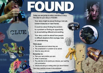 Found Today you are going to write a narrative or story. The idea for your story is ‘FOUND’. Your story might be about finding a lost pet, hidden treasures or new friends.