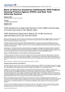 Bank of America Announces Settlements With Federal Housing Finance Agency (FHFA) and New York Attorney General