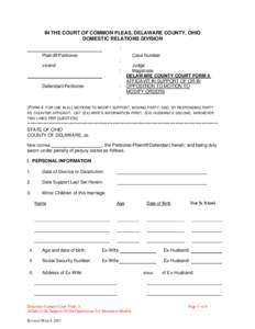 IN THE COURT OF COMMON PLEAS, DELAWARE COUNTY, OHIO DOMESTIC RELATIONS DIVISION : Plaintiff/Petitioner  Case Number