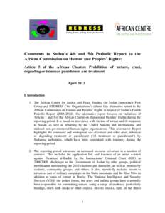Comments to Sudan’s 4th and 5th Periodic Report to the African Commission on Human and Peoples’ Rights: Article 5 of the African Charter: Prohibition of torture, cruel, degrading or inhuman punishment and treatment A
