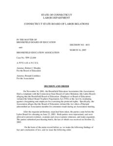 STATE OF CONNECTICUT LABOR DEPARTMENT CONNECTICUT STATE BOARD OF LABOR RELATIONS IN THE MATTER OF BROOKFIELD BOARD OF EDUCATION