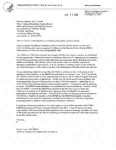 ASPR Commendation Letter to National Biodefense Science Board and Members on Disaster Mental Health Recommendations - September 22, 2009
