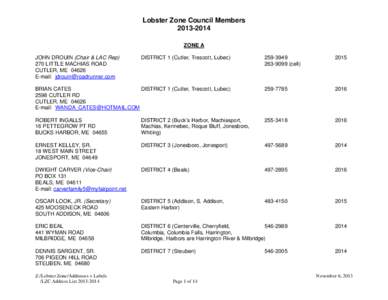 Lobster Zone Council Members[removed]ZONE A JOHN DROUIN (Chair & LAC Rep) 270 LITTLE MACHIAS ROAD CUTLER, ME 04626