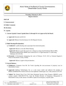 Action Notes of the Board of County Commissioners Okeechobee County Florida Thursday, February 9, 2012 Regular Session Roll Call