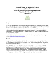 Selected Findings for the Healthcare Sector By Occupation From the 2010 National Health Interview Survey – Occupational Health Supplement (NHIS-OHS)