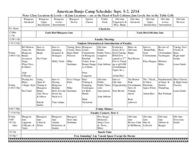 American Banjo Camp Schedule: Sept. 5-7, 2014 Note: Class Locations & Levels -- & Jam Locations -- are at the Head of Each Column; Jam Levels Are in the Table Cells Bluegrass Advanced  Bluegrass