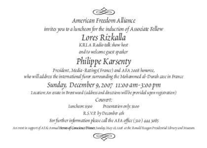 American Freedom Alliance invites you to a luncheon for the induction of Associate Fellow Lores Rizkalla  KRLA Radio talk show host