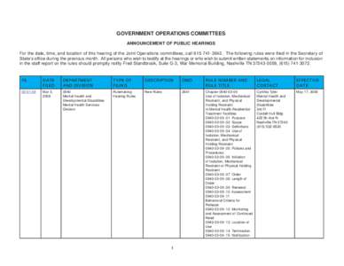 GOVERNMENT OPERATIONS COMMITTEES ANNOUNCEMENT OF PUBLIC HEARINGS For the date, time, and location of this hearing of the Joint Operations committees, call[removed]The following rules were filed in the Secretary of 