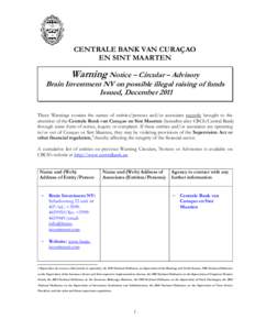 CBCS Warning Brain Investment NV - December 2011