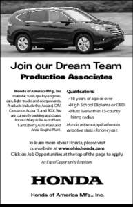 Join our Dream Team Production Associates Honda of America Mfg., Inc manufactures quality engines, cars, light trucks and components. Products include the Accord, CRV,