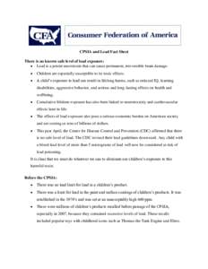 Medicine / 110th United States Congress / Consumer Product Safety Improvement Act / Matter / Endocrine disruptors / Lead poisoning / Blood lead level / Lead / Toxicity / Toxicology / Health / Consumer Product Safety Commission