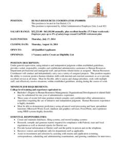 POSITION:  HUMAN RESOURCES COORDINATOR (PS100858) This position is located in San Rafael, CA This position is represented by Allied Administrative Employee Unit, Local #21