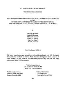 U.S. DEPARTMENT OF THE INTERIOR U.S. GEOLOGICAL SURVEY PRELIMINARY CORRELATION AND AGE OF ROCK SAMPLES (KG-1 TO KG-24) IN THE COOPERATIVE MONTEREY ORGANIC GEOCHEMISTRY STUDY,